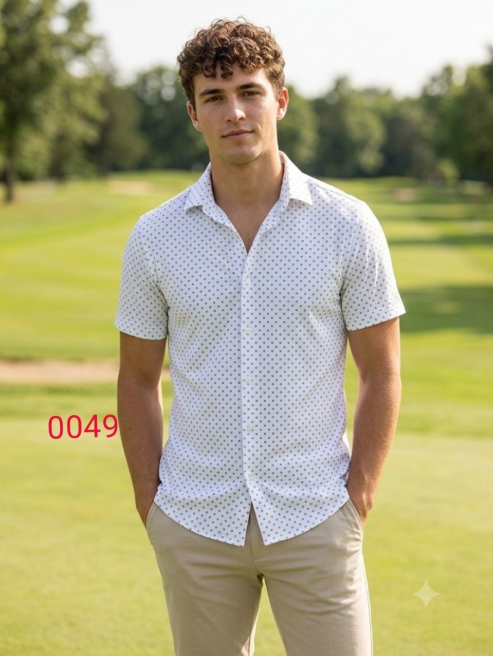 Michael Brandon White Short-Sleeve Button-Down with Navy Dot Print